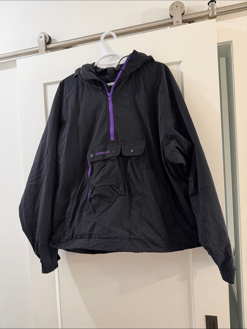 Parkcity Black Hooded Rain Anorak with Purple Zipper , Men's Large
